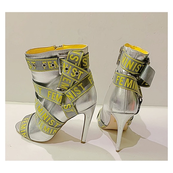 CAPE ROBBIN Booties Metallic Silver FEMINIST Text Ribbon Stiletto Booties Size 6 - Picture 6 of 15